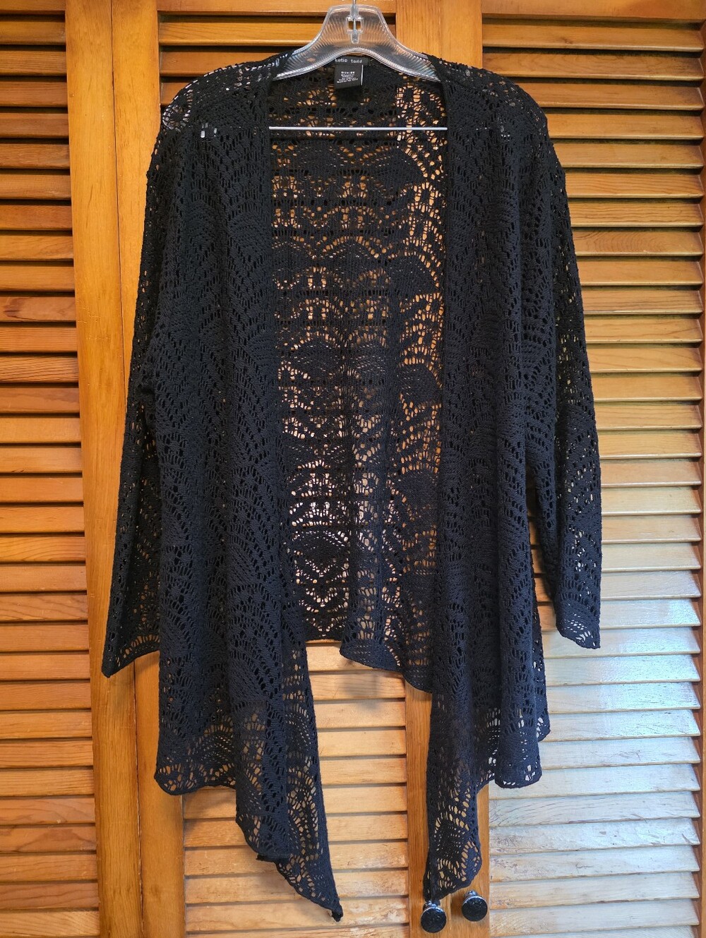 Katie Todd Black Open Knit Crochet Cardigan 2X Draped Lace Waterfall Sweater